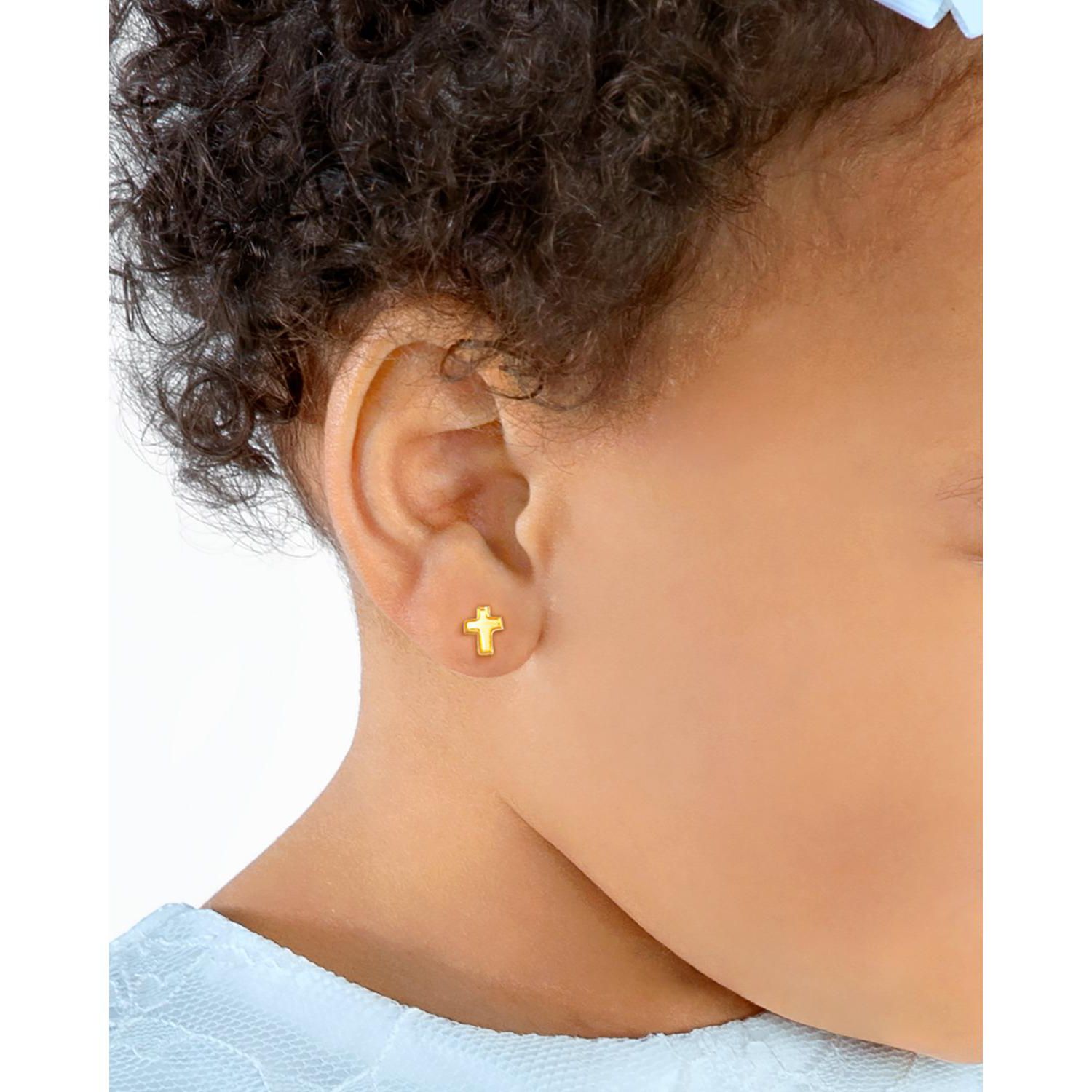 14K Gold Simple Cross Stud Screw Back Earrings