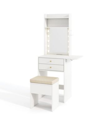 Compact Vanity Desk Set Featuring a Fold-Down Lighted Mirror