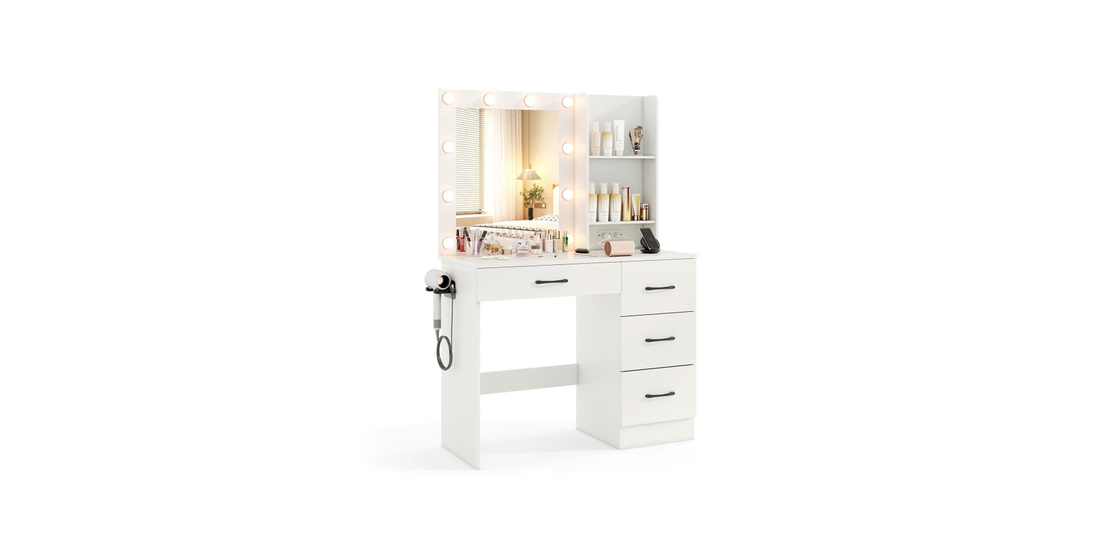 Gouun Vanity Desk with a Switchable Three-Color Lighted Mirror