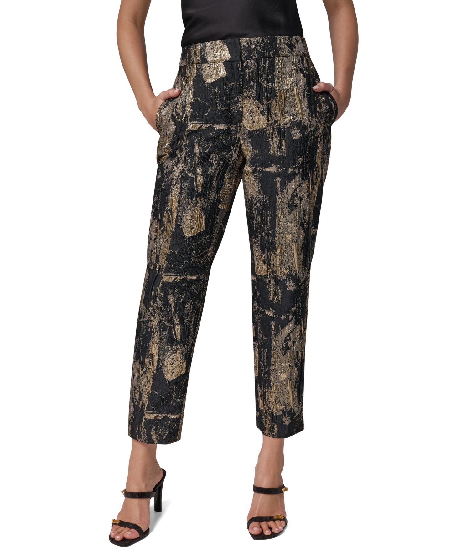 Женские брюки Donna Karan New York Brushstroke Metallic Slim-Leg Ankle, цвет: Чёрный разноцветный — фото 1