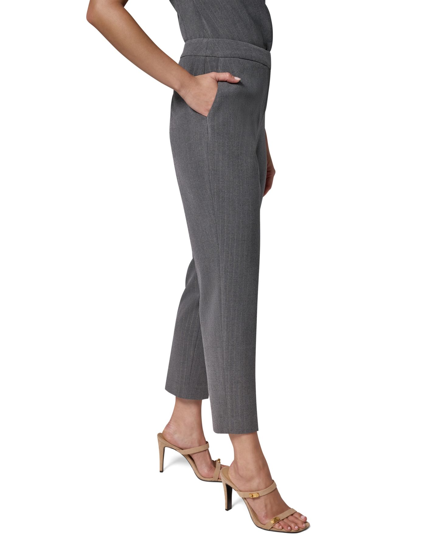 Женские узкие укороченные брюки Donna Karan New York в тонкую полоску, цвет: Светлый меланжевый серый — фото 4