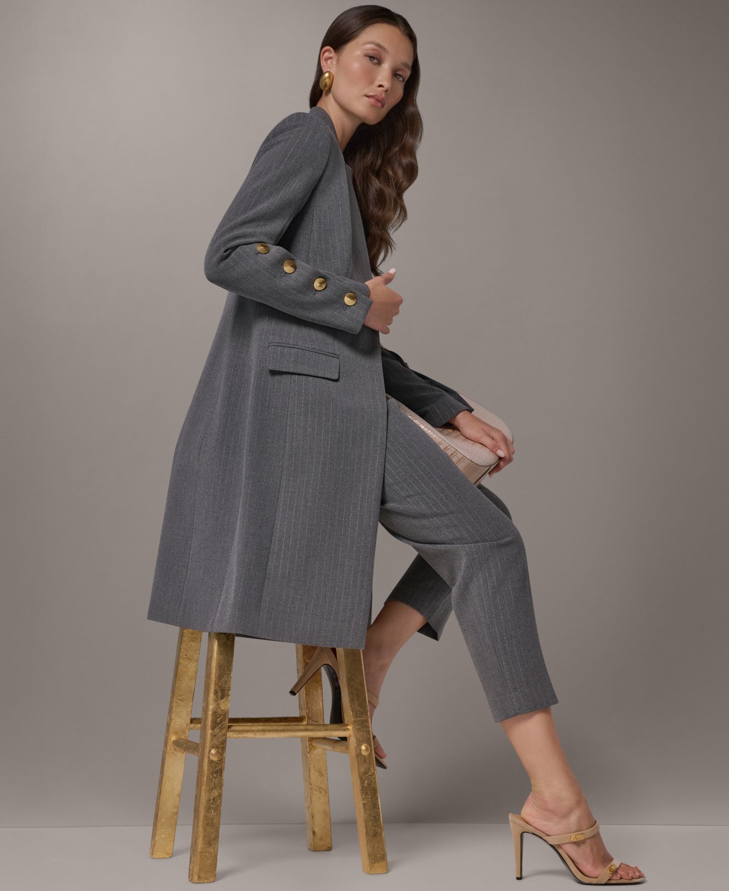 Женская удлинённая куртка Donna Karan New York в тонкую полоску на подкладке, цвет: Светлый меланжевый серый — фото 14