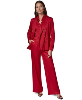 Women's Double-Breasted Satin Shoulder-Padded Blazer,  V-Neck Satin Collared Long-Sleeve Blouse &  Satin Wide-Leg Side-Zip Pants