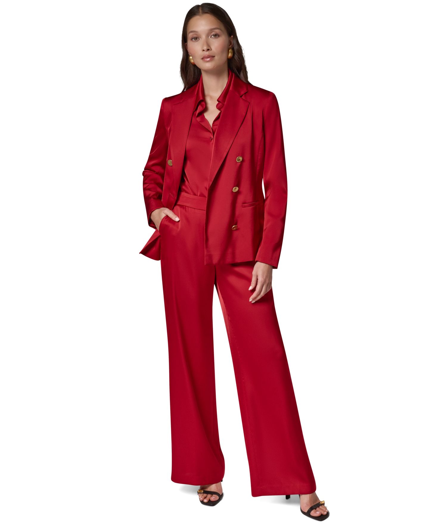 Женский двубортный атласный блейзер Donna Karan New York с плечевыми накладками, цвет: Красный бархатный — фото 3