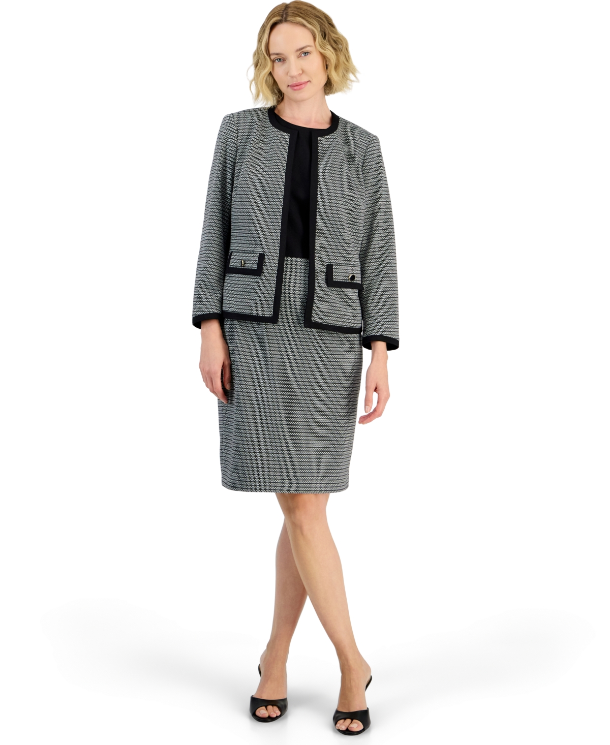 Kasper Women's Collarless Knit Jacquard Cardigan - Black/vanilla Ice