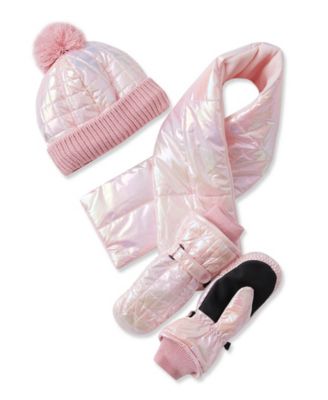 Girls' Iridescent Fleece-Lined Pom-Pom Hat, Scarf and Mittens, 3-Piece Set