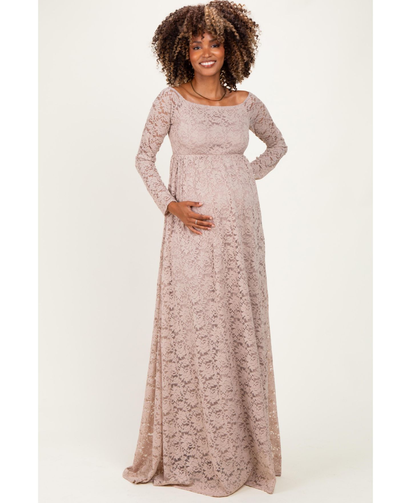 Женское платье Pinkblush Mocha Floral Lace Long Sleeve Off Shoulder Maxi, цвет: Мокко — фото 2