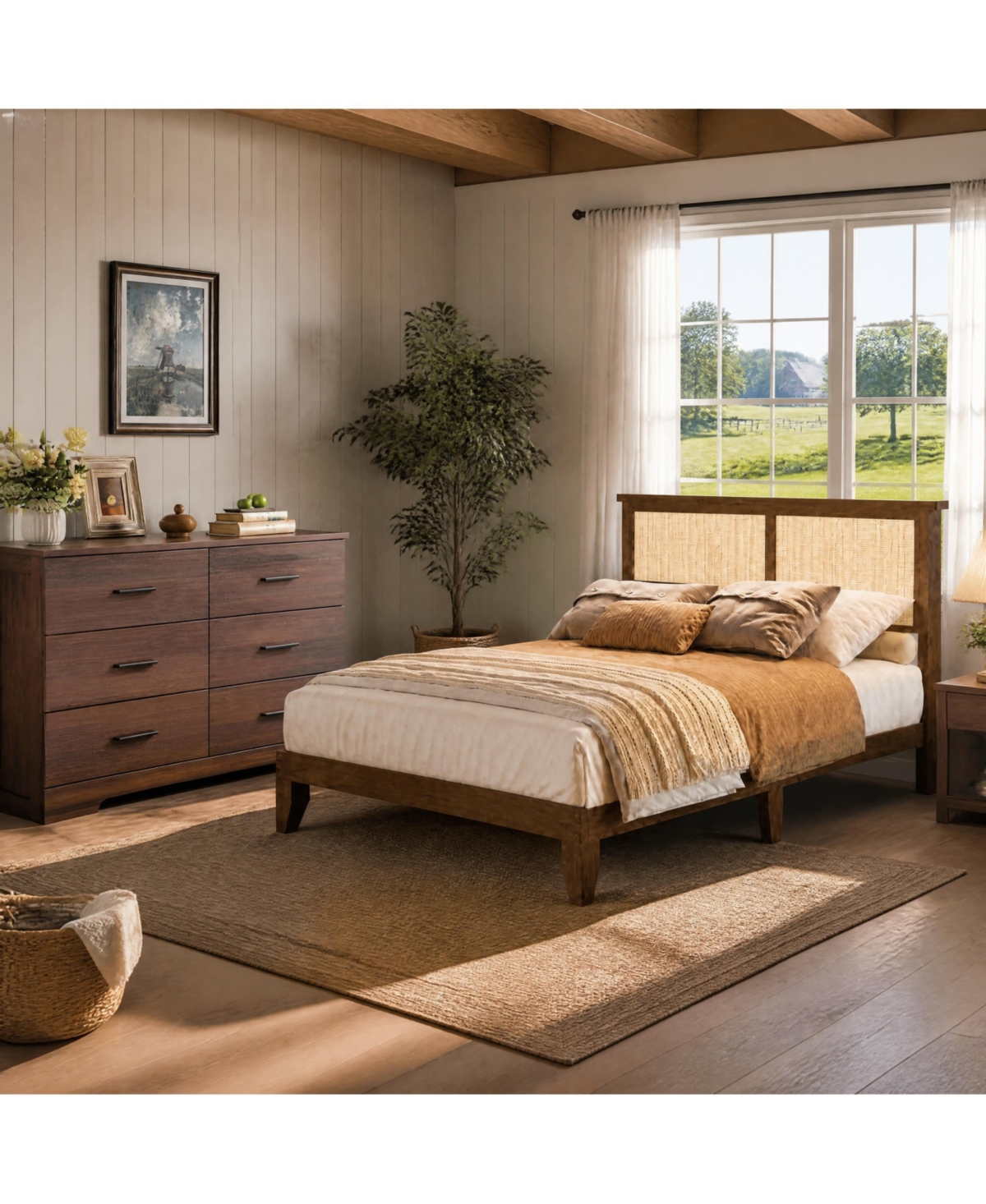 Gaomon Rattan Platform Bed Frame with Led Lights and Storage Headboard 6-Drawer Dresser, Bedroom Set
