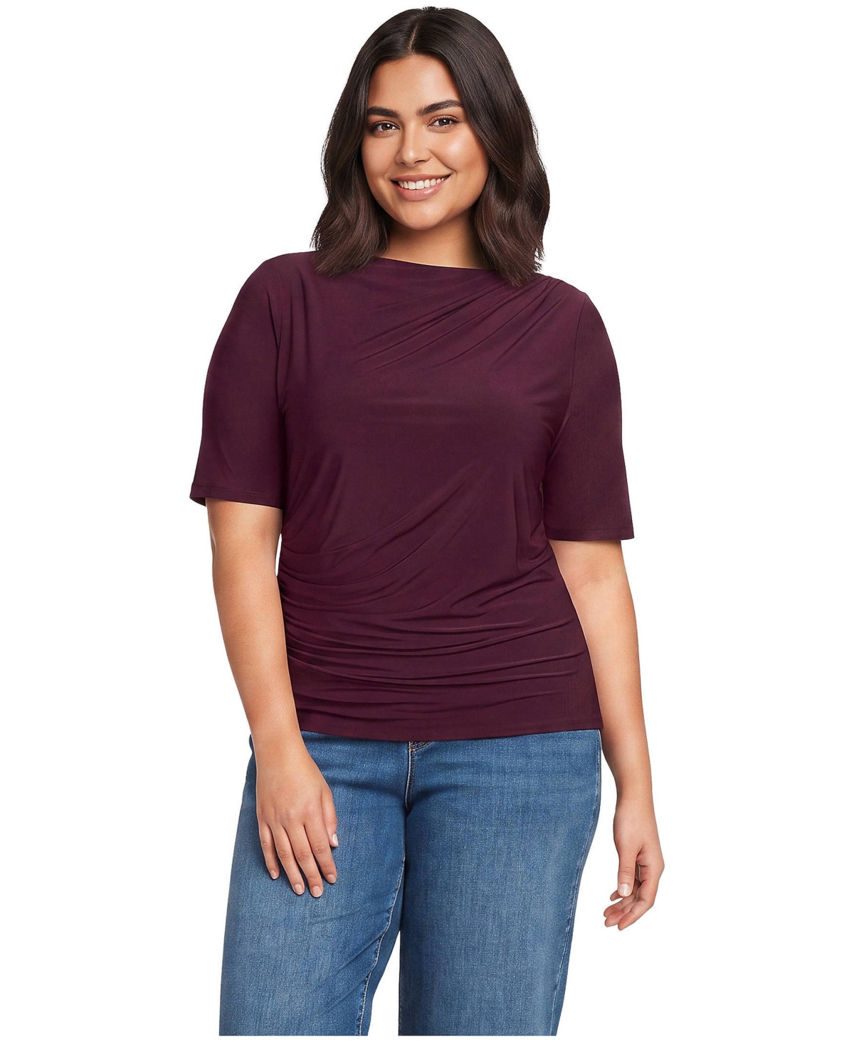 Lands' End Plus Elbow Sleeve Silky Knit Ruched Top