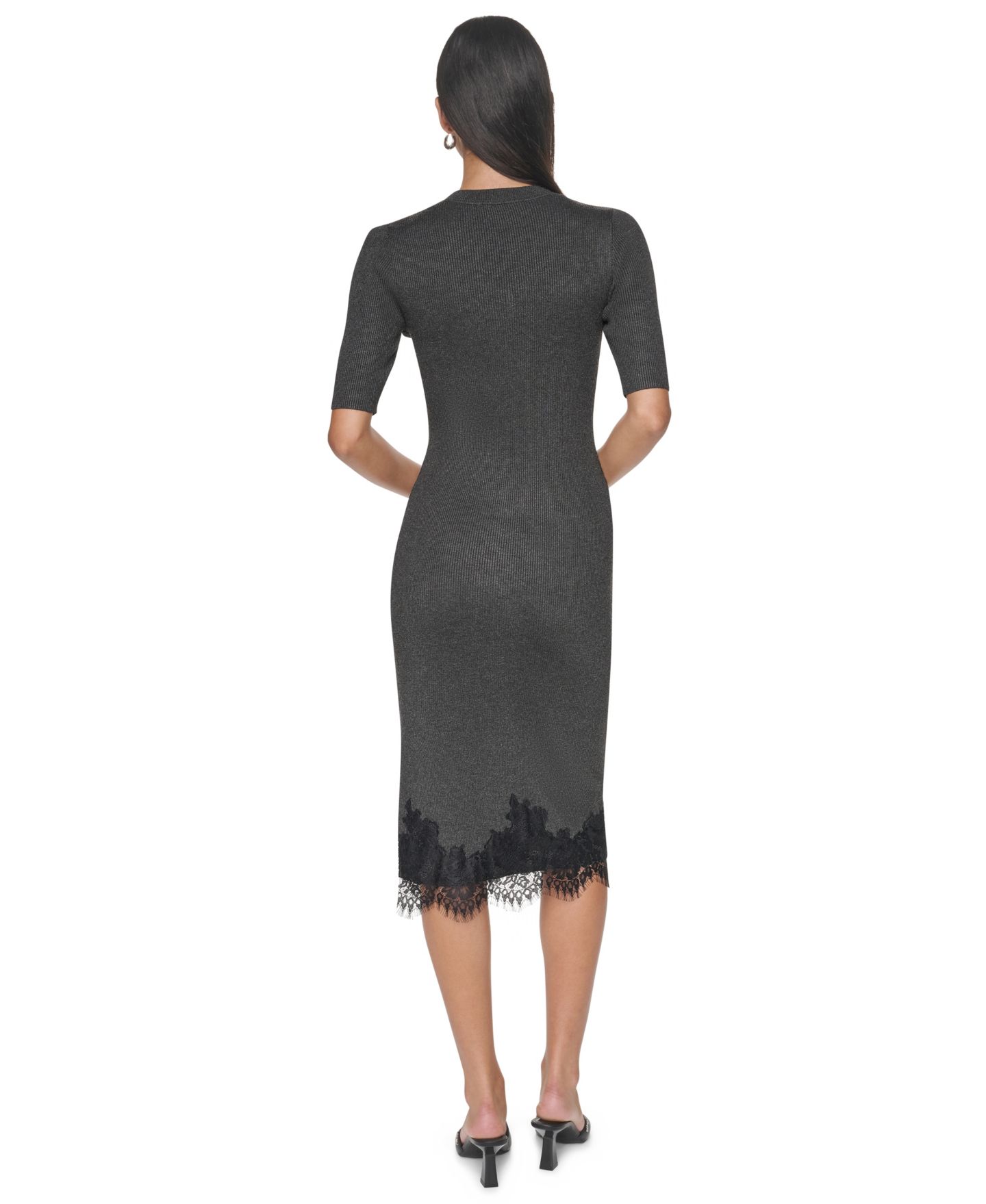 Женское платье DKNY Lace-Trim V-Neck Short-Sleeve Midi, цвет: Асфальтовый — фото 6