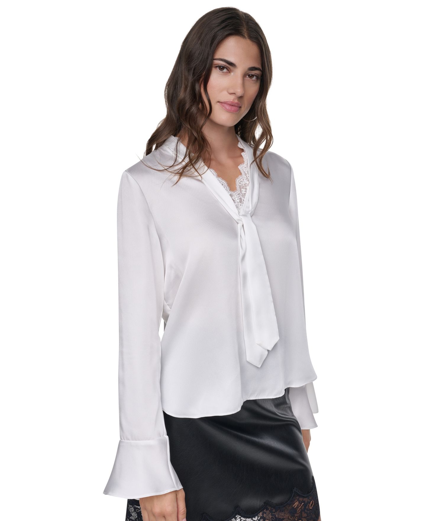 Женская блузка DKNY Tie-Front Bell-Sleeve Lace, цвет: Слоновая кость — фото 6