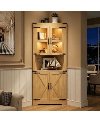 Tall Corner Cabinet with Lights, 6-Tier, 61 Inch, Corner Storage Cabinet with Doors