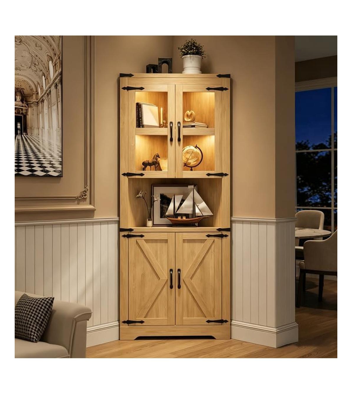 gaomon Tall Corner Cabinet with Lights, 6-Tier, 61 Inch, Corner Storage Cabinet with Doors - Natural
