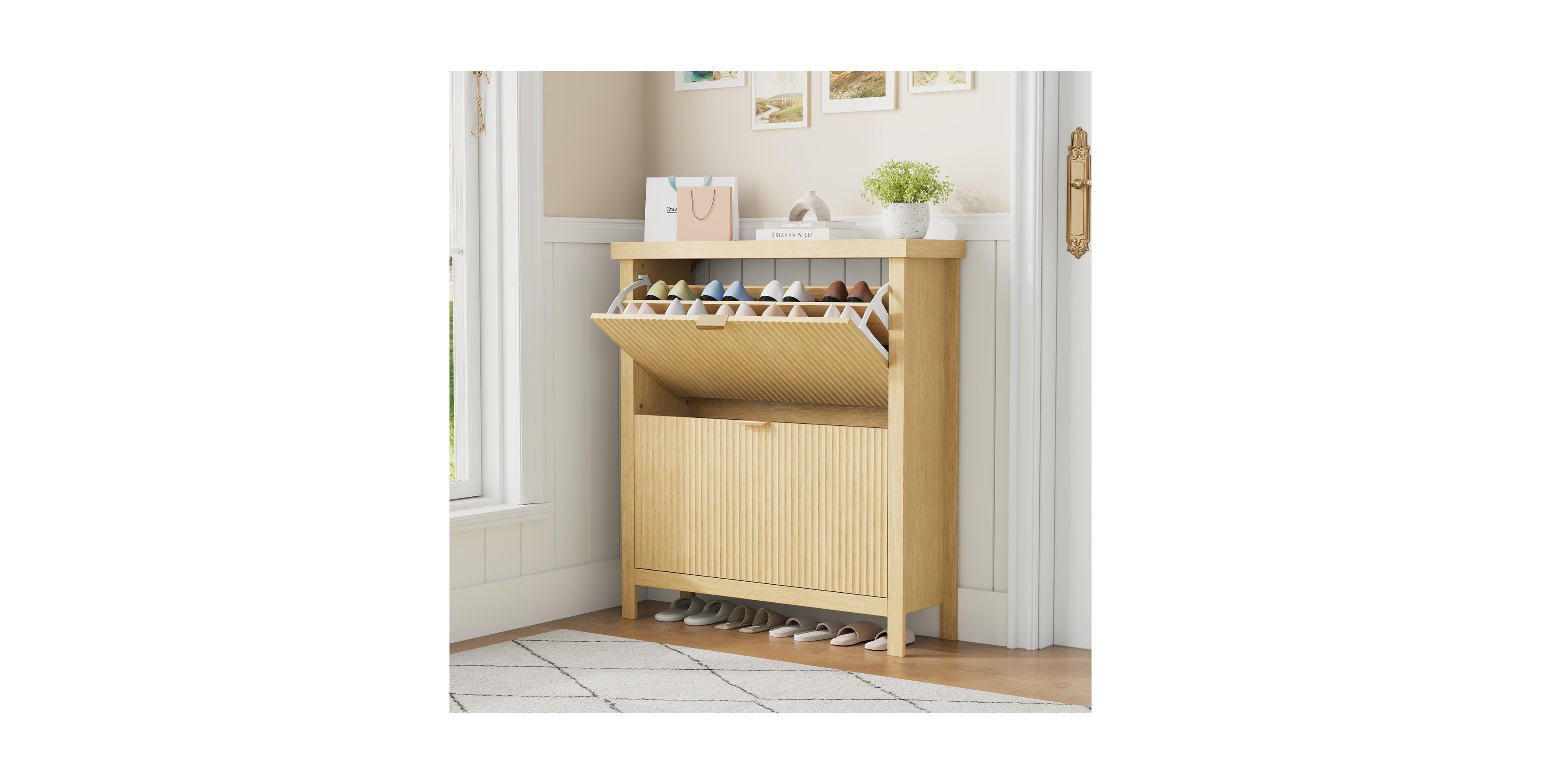 Gaomon Fluted Narrow Shoe Cabinet for Entryway, 2 Turnover-Down Drawers