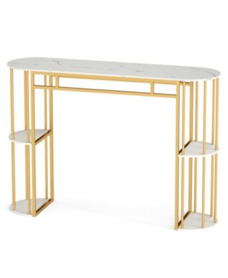60 Inch Narrow Bar Table with Faux Marble Tabletop and Storage Shelves