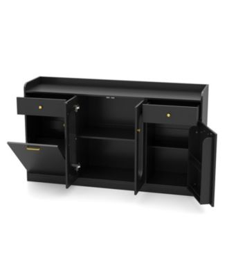 55 Inch Buffet Cabinet with Hidden Tilt Out Trash Bin and 2 Glass Doors