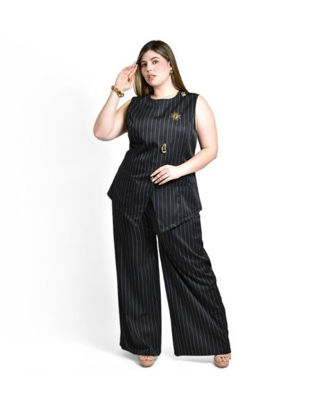Женский комплект Roman Fashion Plus Size Vertical-Stripe Double-Breasted Wide-Leg Vest and Pants, 2-Piece Set, цвет: Чёрный