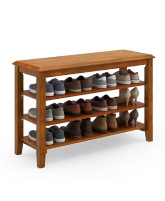 3-Tier Shoe Rack Bench Rubber Wood Entryway Bench w/Adjustable Shelves Modern