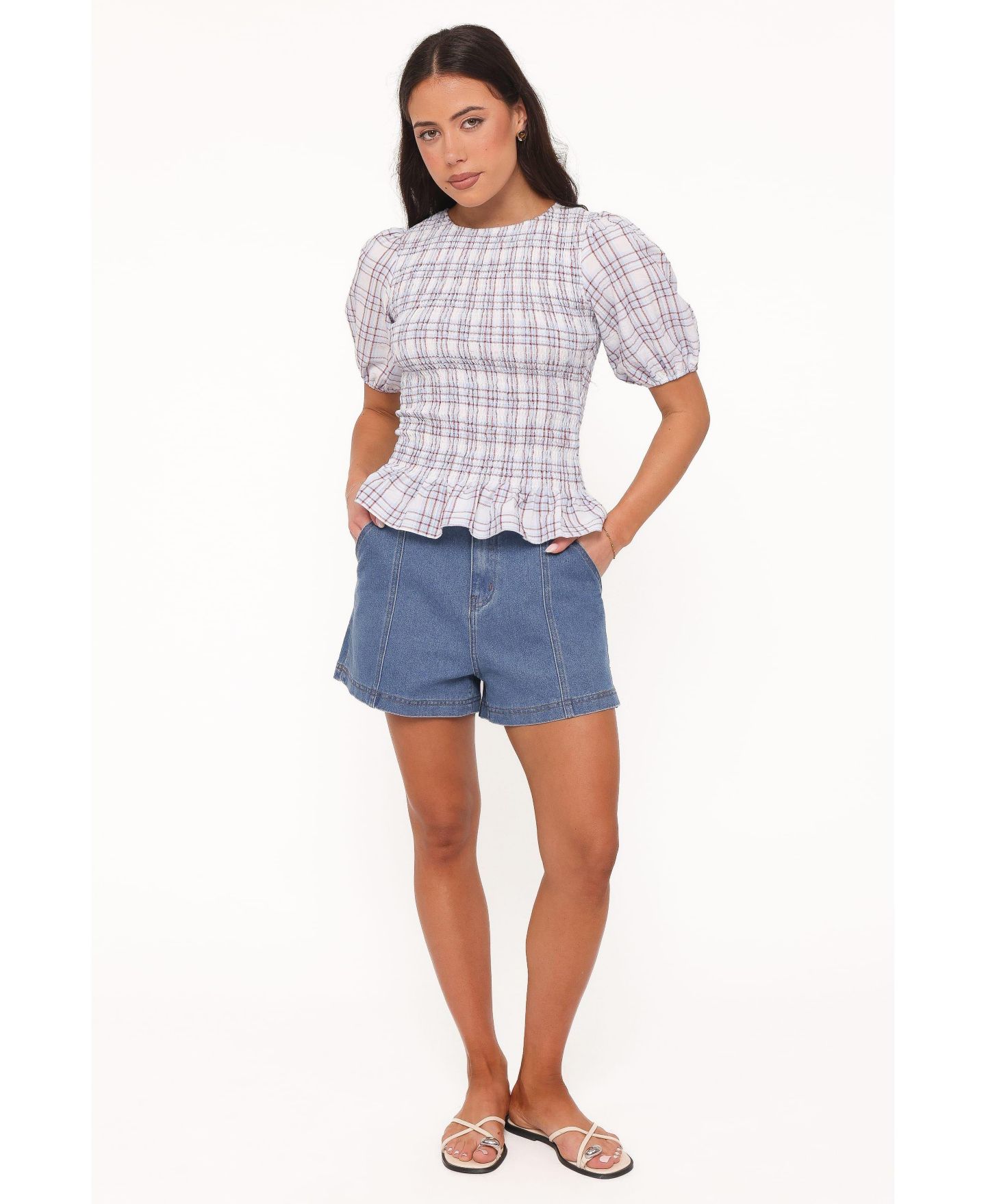 Женский топ Petal and Pup Callista Shirred Waist, цвет: Светлый синий клетчатый — фото 3