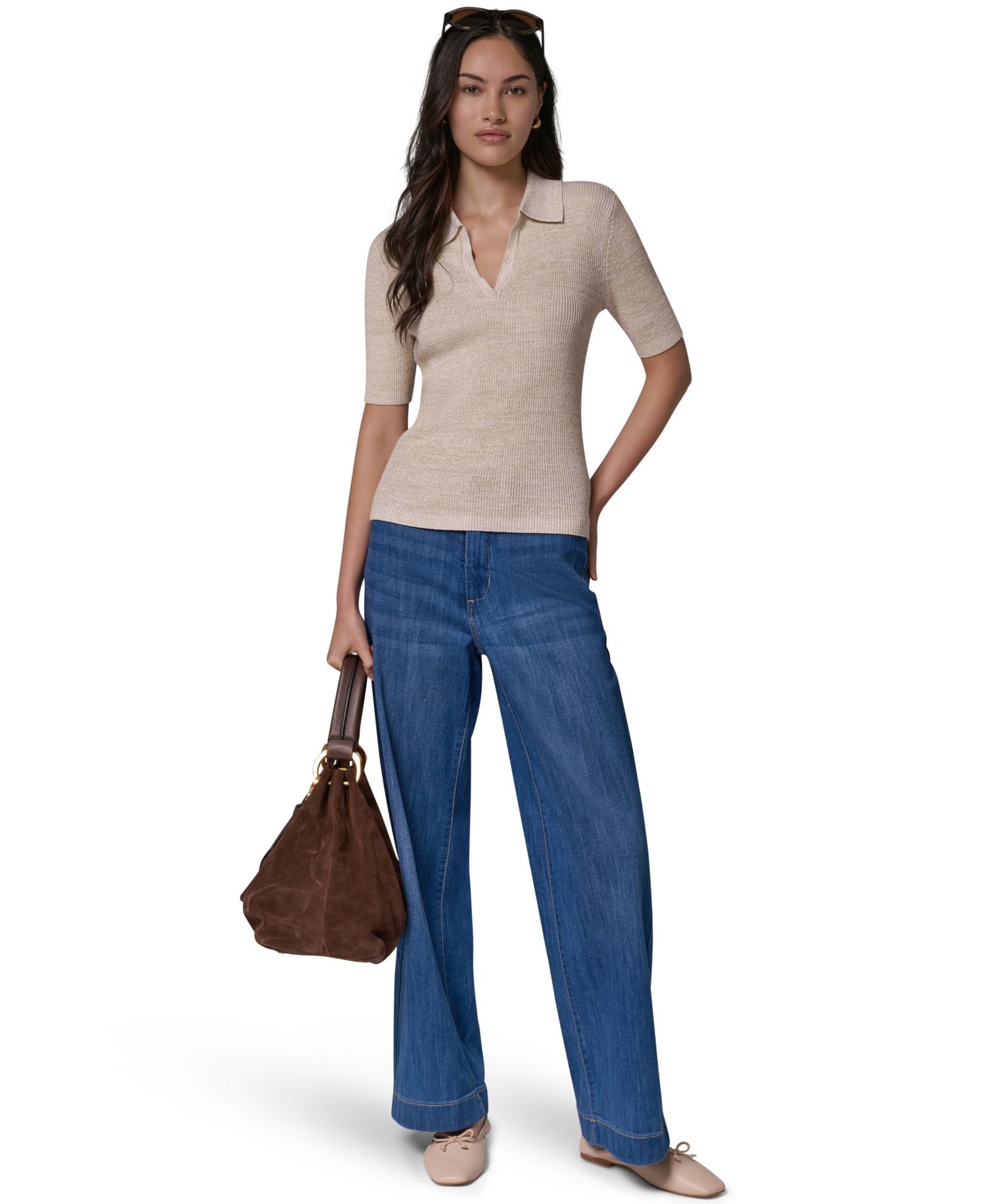 Women's Cotton Rib Elbow Sleeve Polo Sweater