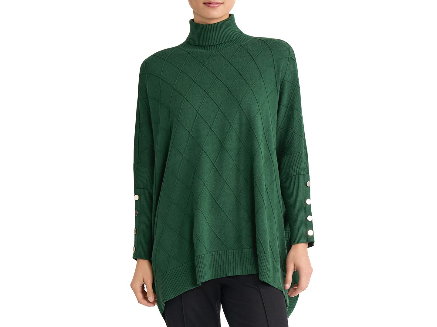 Jones New York Petite Diamond Cable-Knit Turtleneck Long-Sleeve Poncho, цвет: Тёмный тёмно-зелёный — фото 1