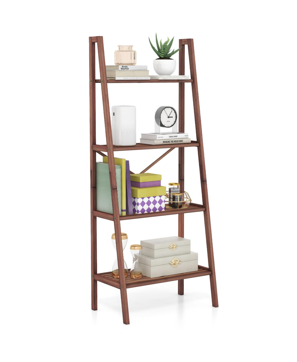 Mecale 4-Tier Bamboo Ladder Bookshelf 58 Inch - Walnut
