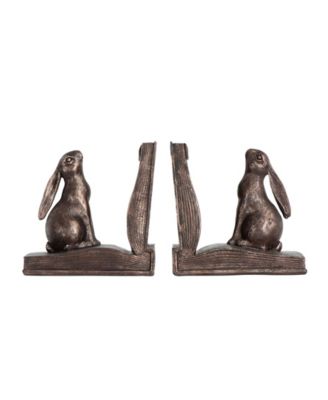 Decorative Rustic Resin Rabbit on Book Bookends, Bronze, Set of 2