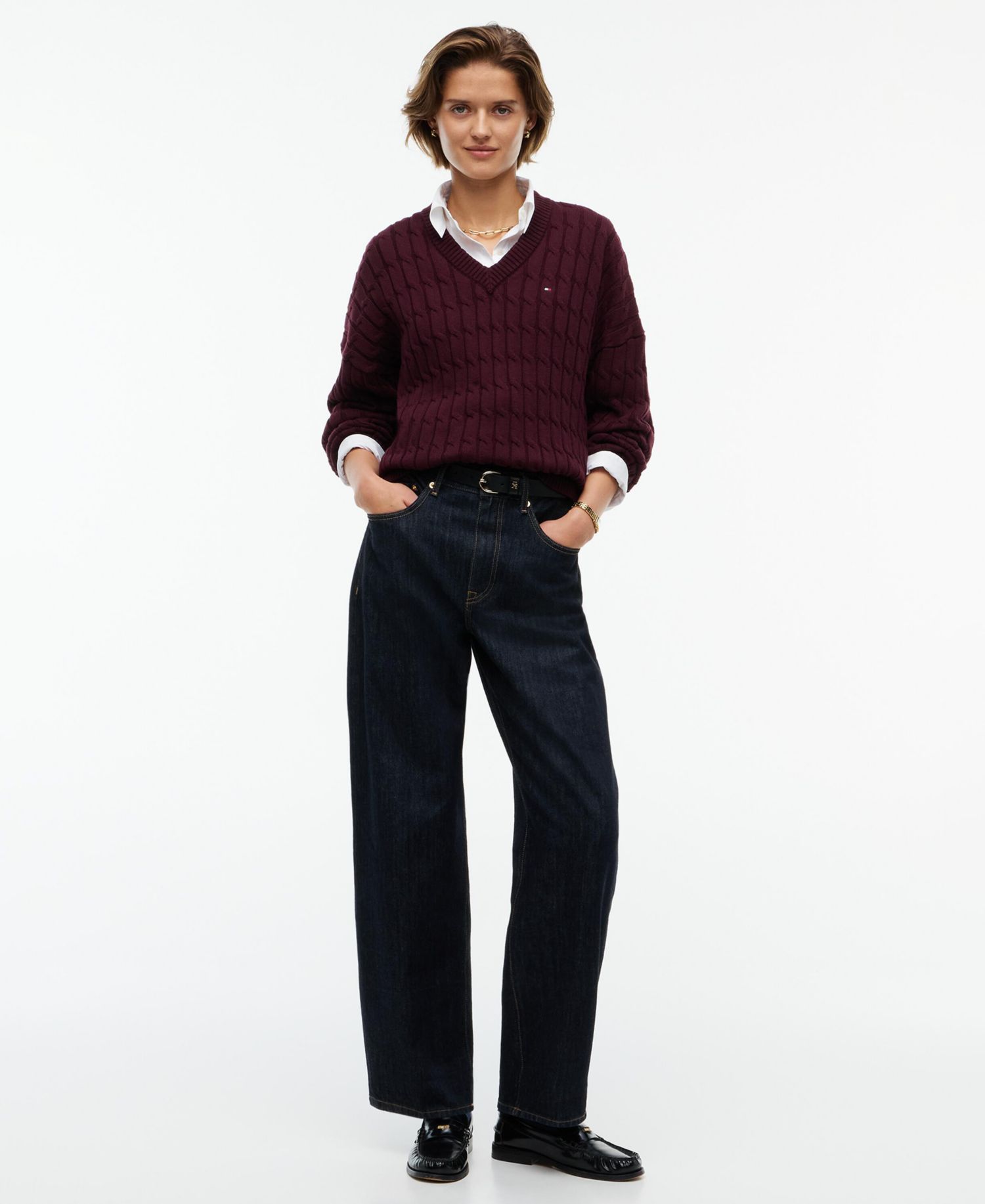 Women's Cable-Knit V-Neck Long-Sleeve Sweater