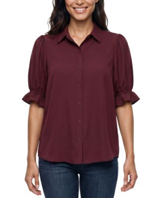 Women's Elbow Puff Sleeve Snap Front Collar Top