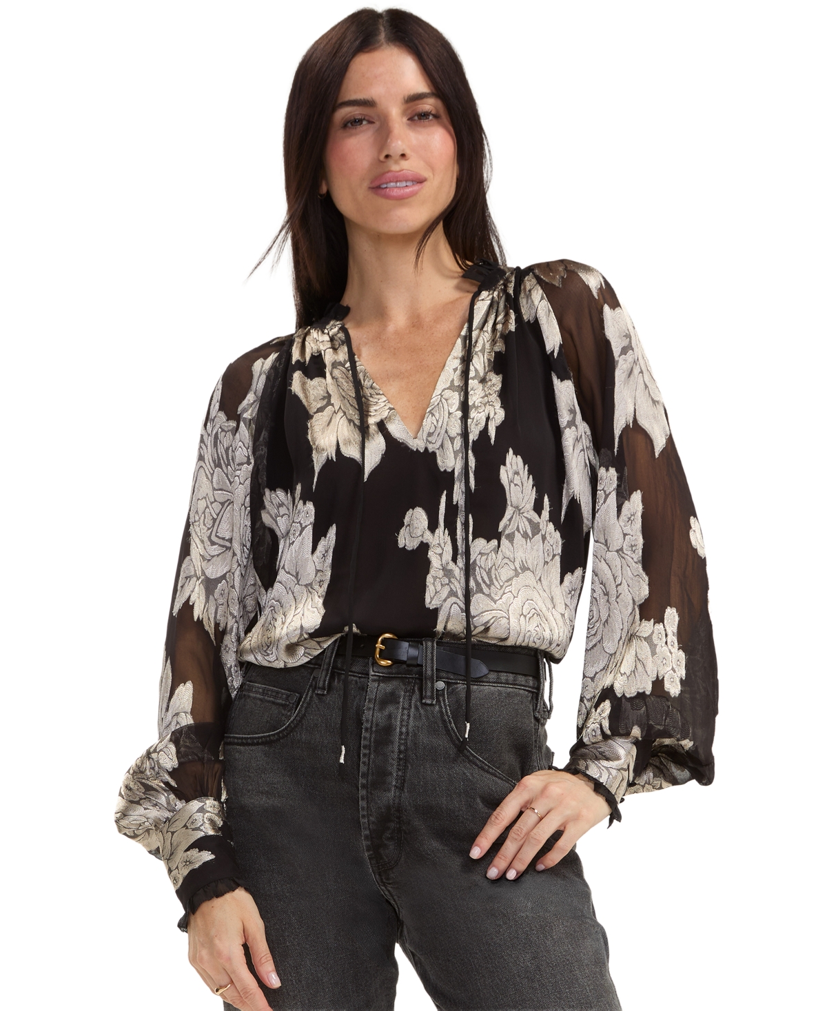 Liverpool Los Angeles Women's Floral Long-Sleeve V-Neck Blouse