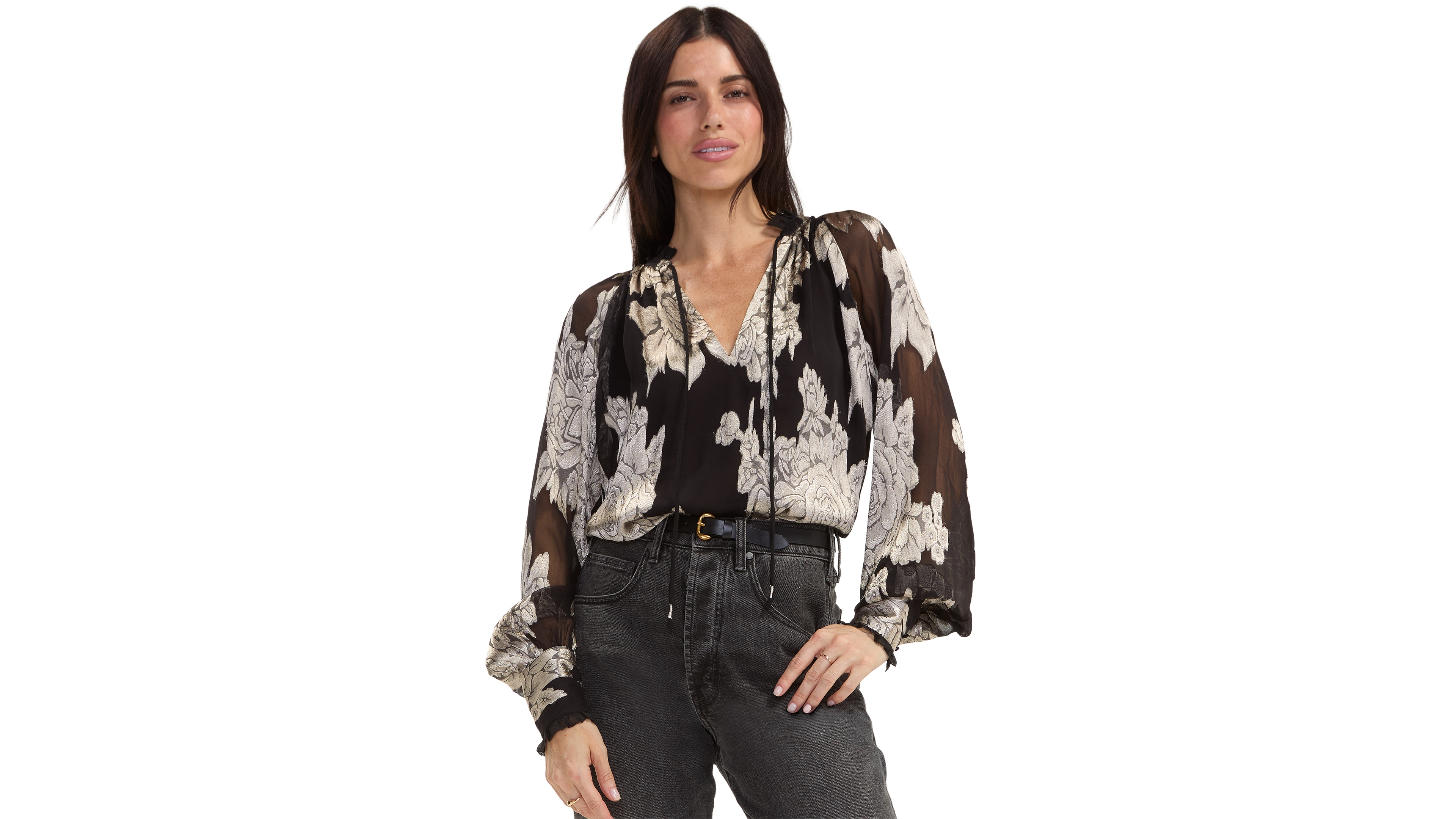 Liverpool Los Angeles Women's Floral Long-Sleeve V-Neck Blouse