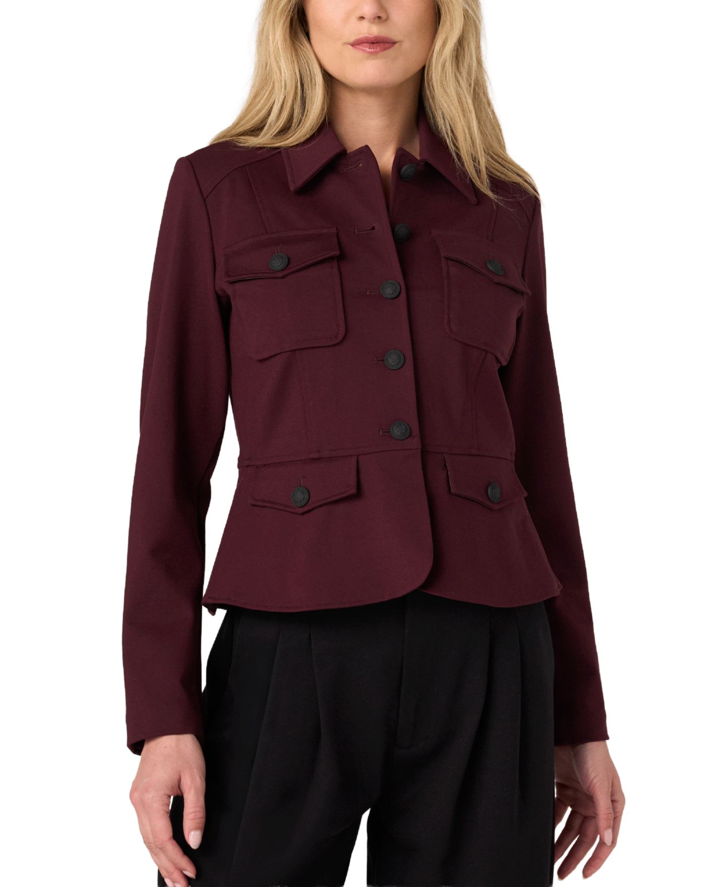 Женская куртка Liverpool Los Angeles Peplum Ponte Knit, цвет: Тёмный тёмно-бордовый — фото 1