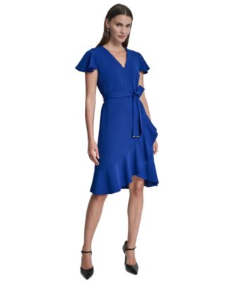 Women's Flutter Short-Sleeve V-Neck Faux-Wrap Dress