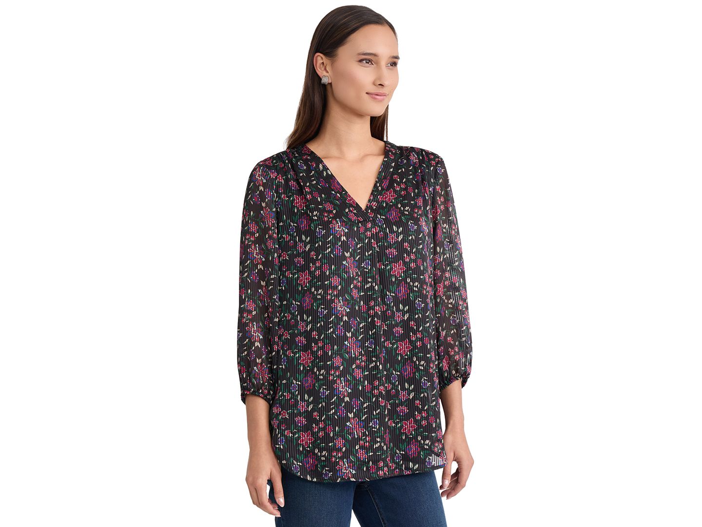 Женский топ Jones New York Petite 3/4-Sleeve Floral V-Neck Tunic, цвет: Чёрный — фото 2