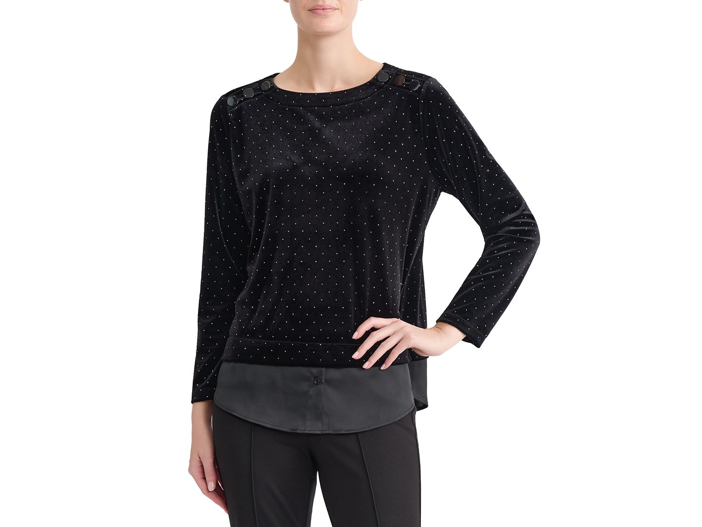 Женская блузка Jones New York Petite Boat-Neck Long-Sleeve Heatset Velvet, цвет: Чёрный — фото 1