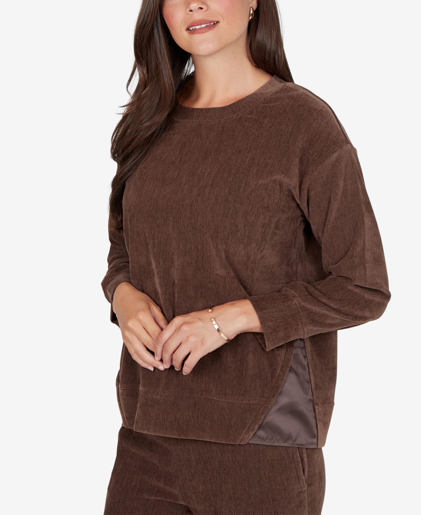 Женский свитер Ruby Rd. Petite Crewneck Long-Sleeve Side-Slit Corduroy Pullover, цвет: Какао — фото 4