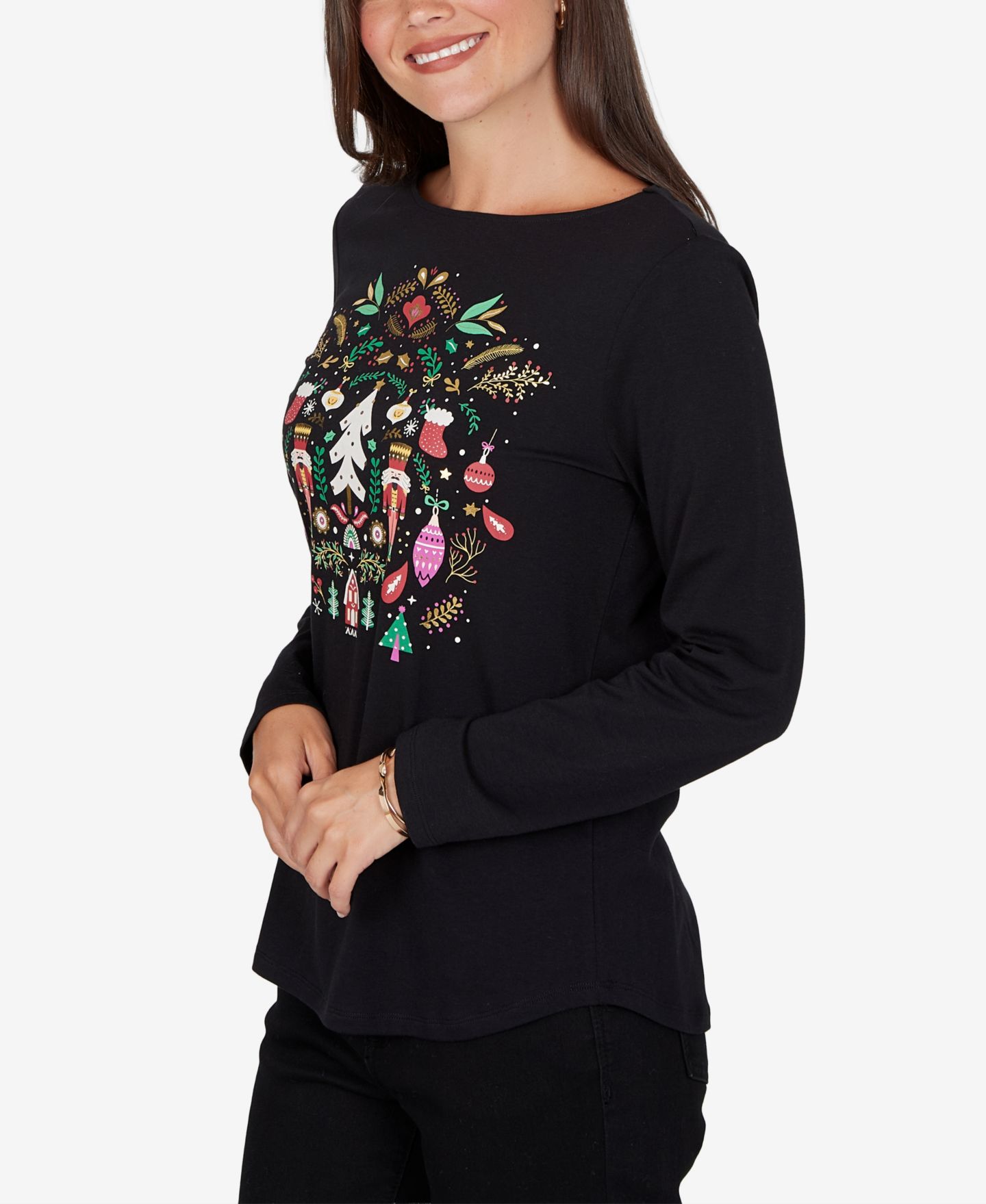 Женская футболка Ruby Rd. Petite Nutcracker Long-Sleeve Boat Neck, цвет: Чёрный разноцветный — фото 2