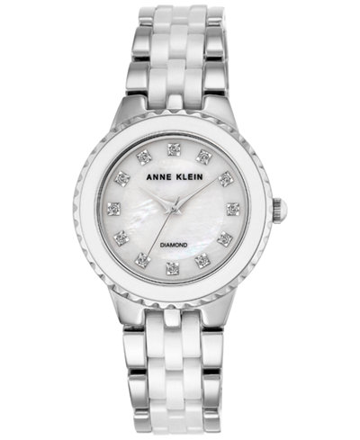 Anne Klein Women's Diamond Accent White Ceramic & Silver-Tone Bracelet Watch 34mm AK-2713WTSV