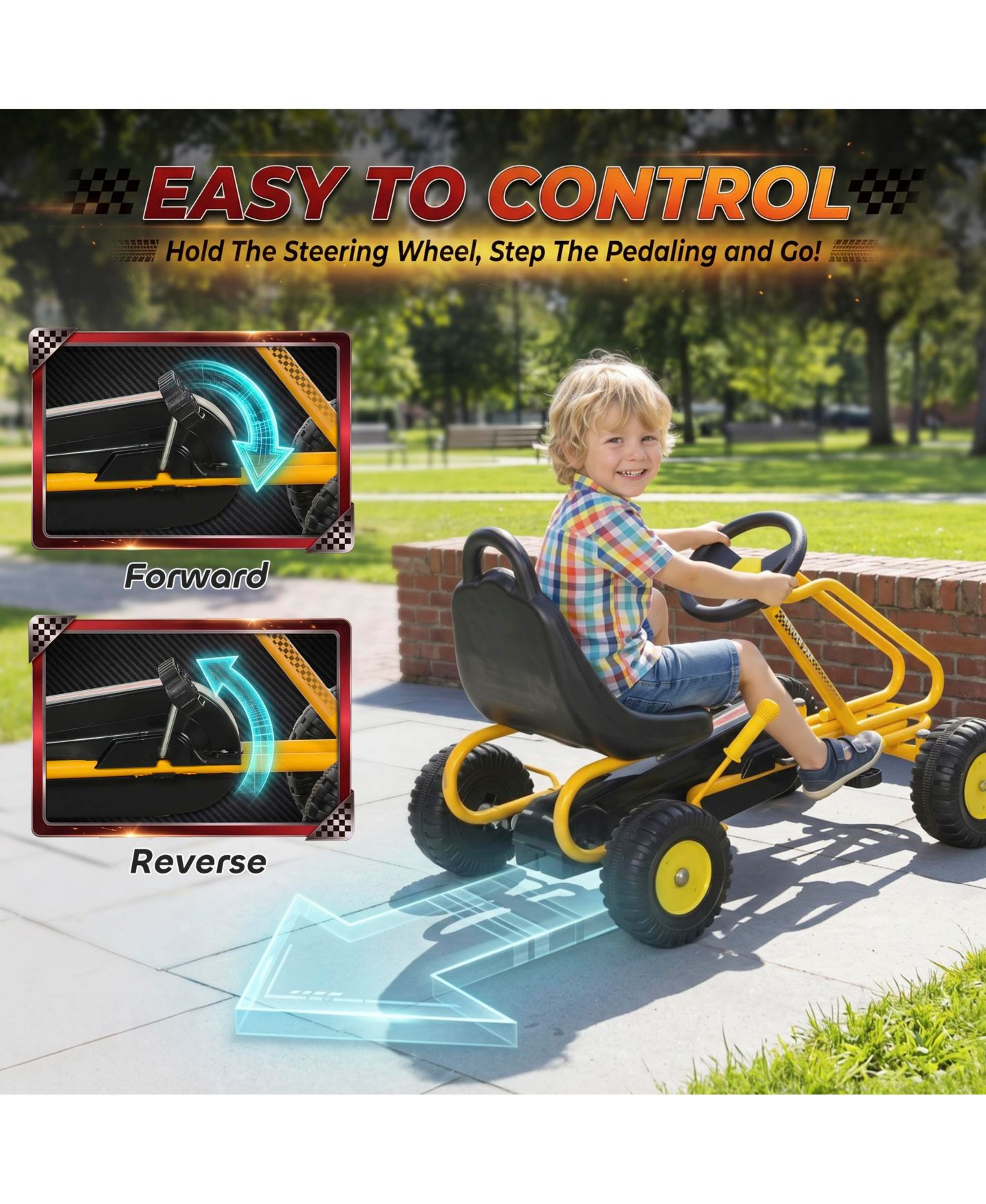 Детская игрушка Qaba 4-Wheel Pedal Go Kart with Adjustable Seat, 3–6 лет, цвет: Жёлтый — фото 8