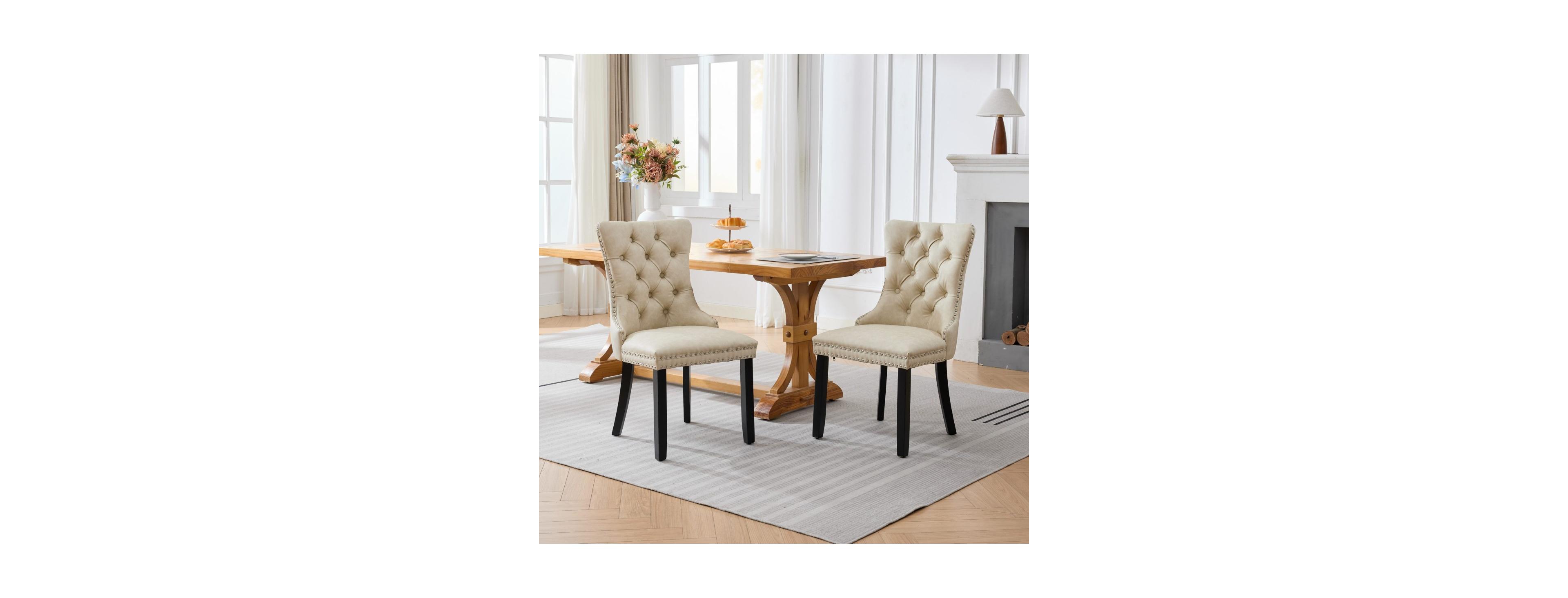 Maison Boucle Upholstered Dining Chairs Set of 2, Faux Leather, Button Tufted High Back, Solid Wood Frame