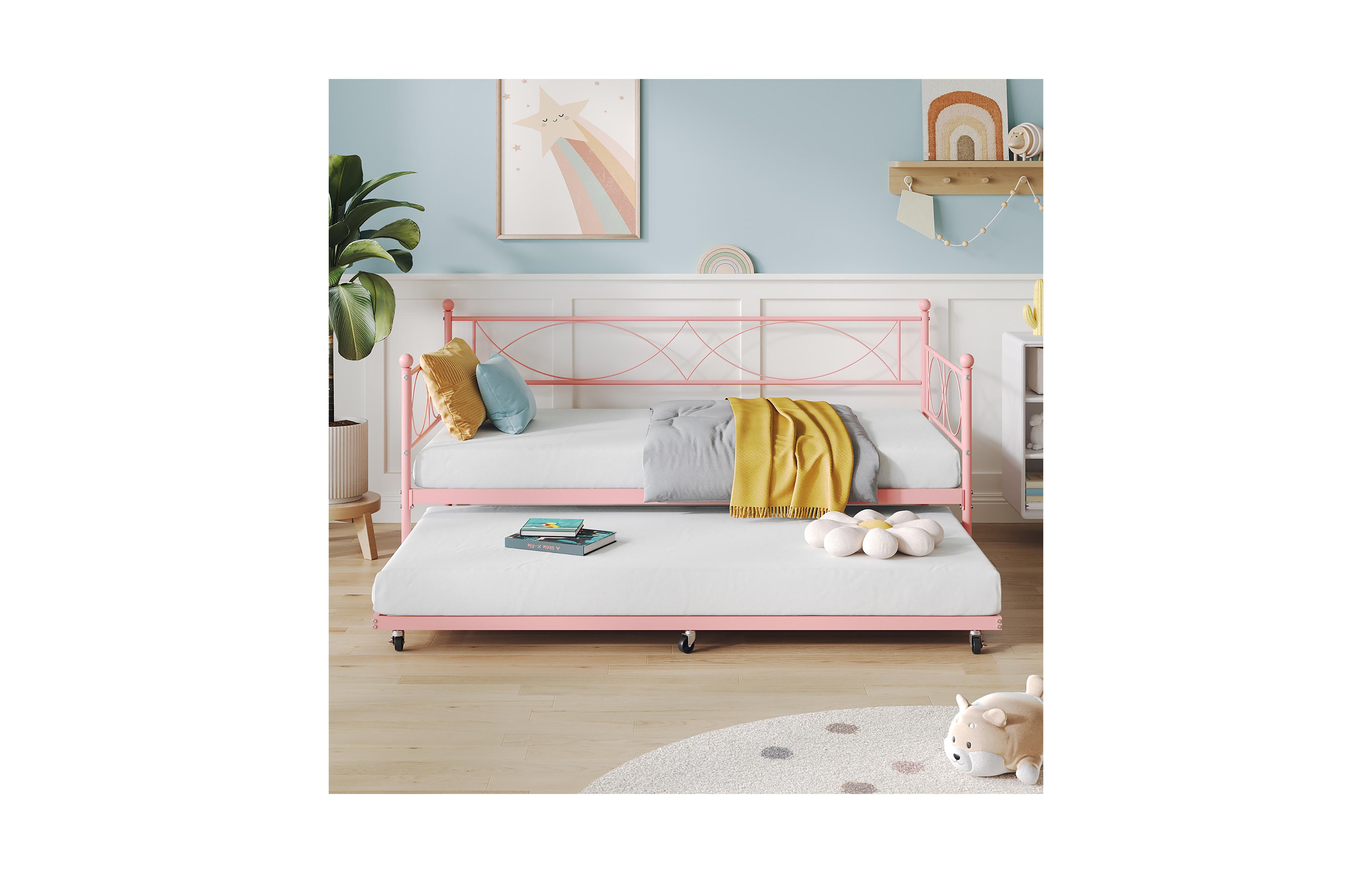 homfan Sturdy Twin Metal Daybed with Pull-Out Trundle Space-Saving Sofa Bed Steel Slat Support for Bedroom Guest Room