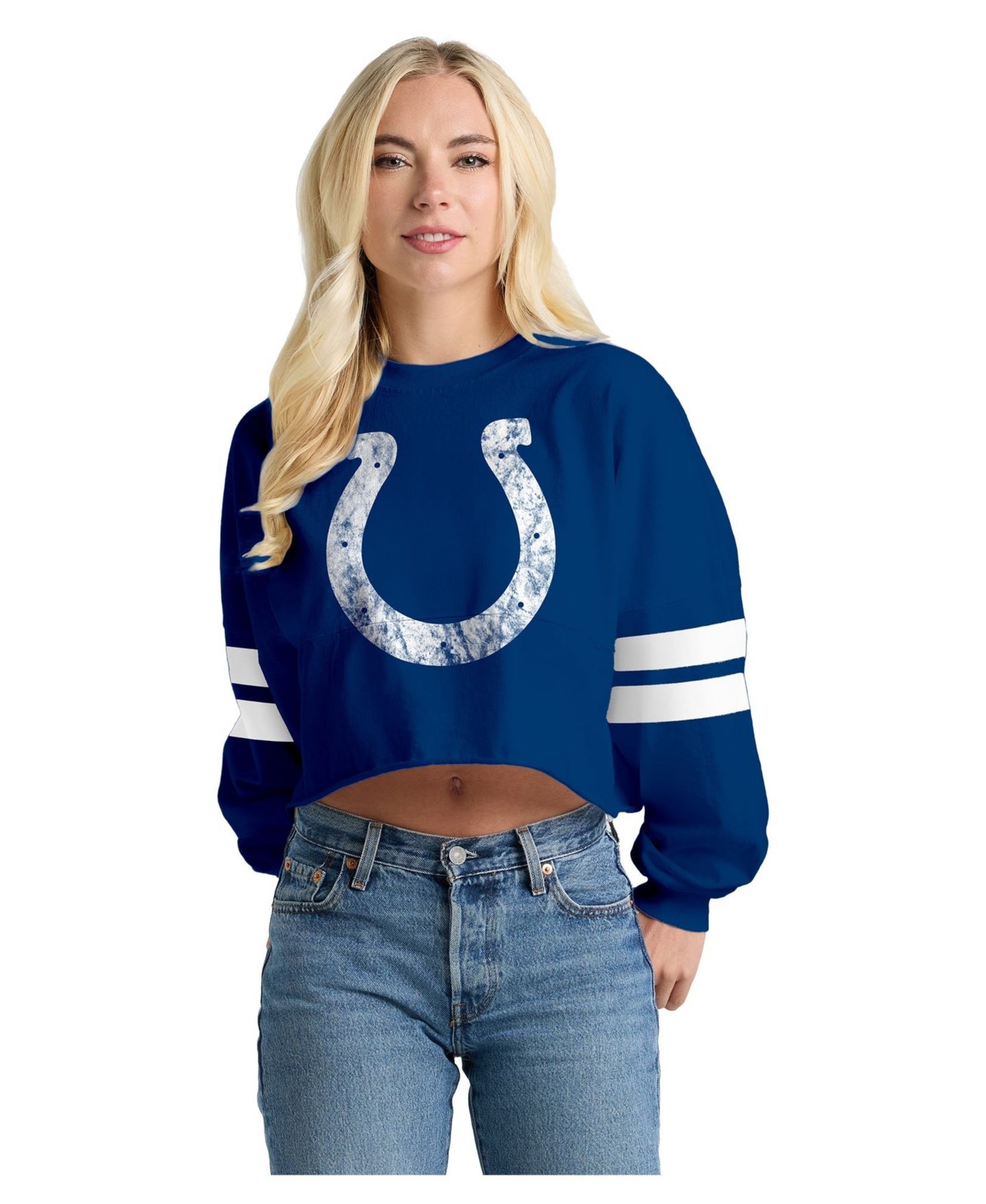 Женская футболка Spirit Jersey Royal Indianapolis Colts Oversized Cropped Stripe Long Sleeve — фото 1