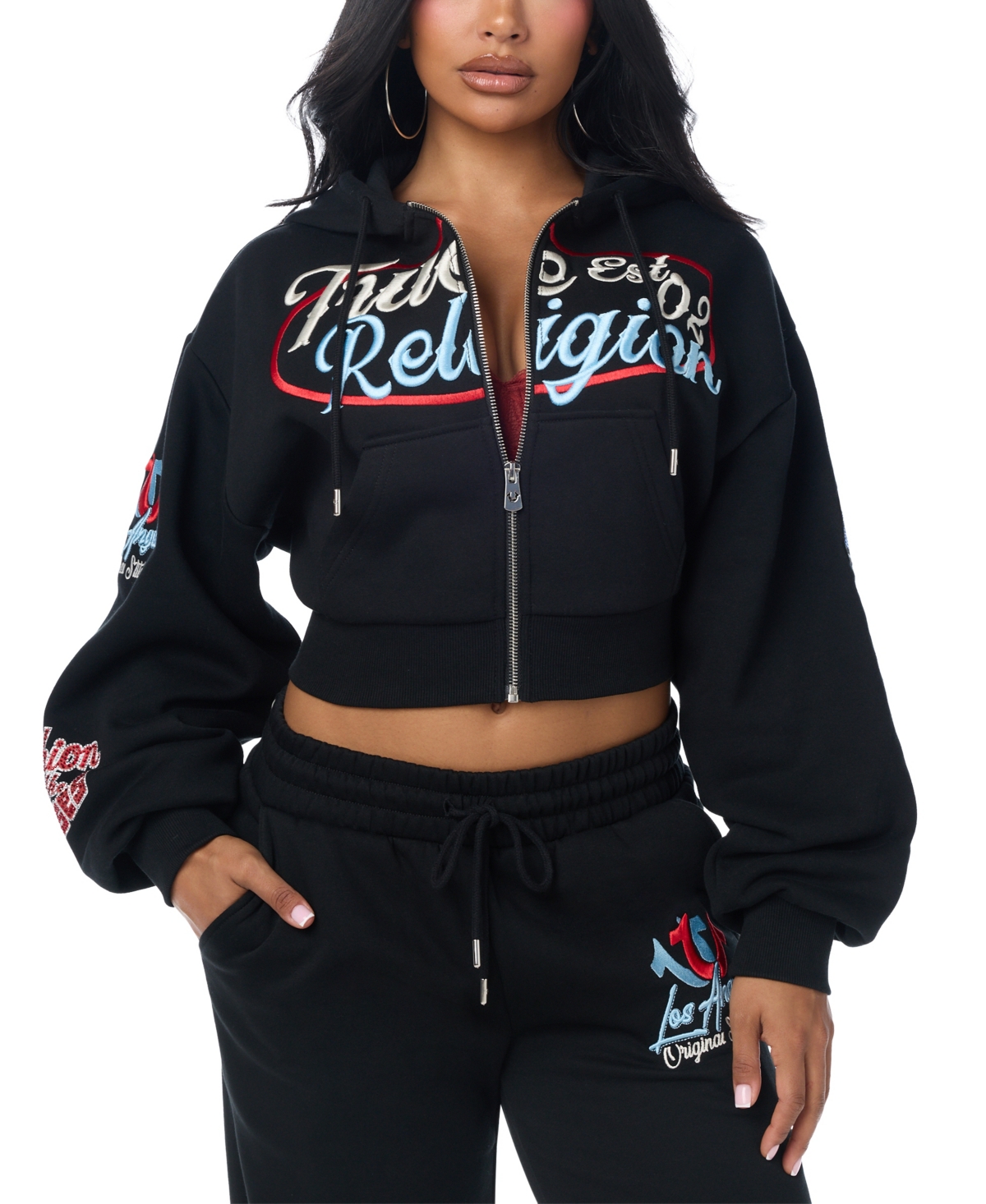 True Religion Women's Graphic Print Cropped Zip-Up Hoodie