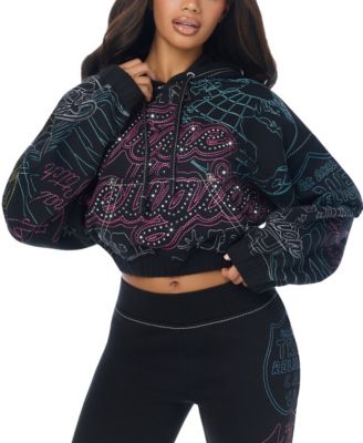 Women's Graphic Cropped Rhinestone Cotton-Blend Hoodie