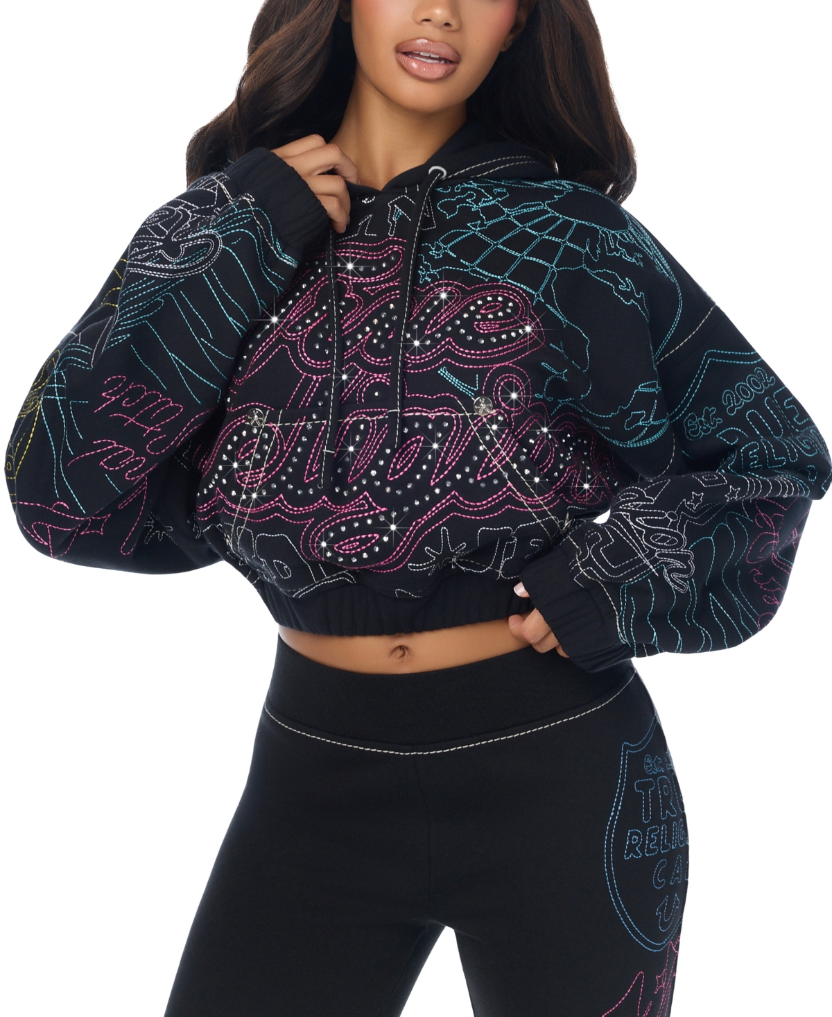 True Religion Women's Graphic Cropped Rhinestone Cotton-Blend Hoodie