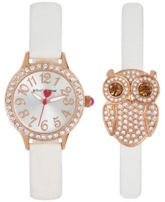 Betsey Johnson - Women's White Imitation Leather Strap Watch & Bracelet Set 30mm BJ00536-38