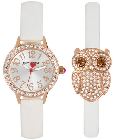 Betsey Johnson Women's White Imitation Leather Strap Watch & Bracelet Set 30mm BJ00536-38
