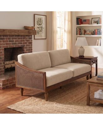 70.9" Mid-Century 3-Seater Chenille Sofa with Rattan Armrests