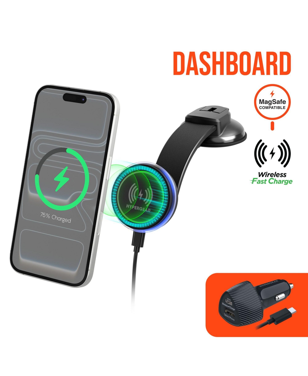 HyperGear MaxCharge 15W Magnetic Wireless Fast-Charging Phone Mount, MagSafe-Compatible