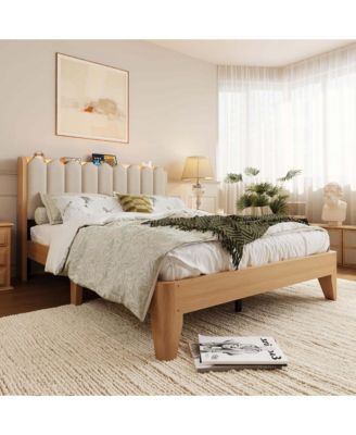 Full Size LED Platform Bed Frame with Storage Headboard Upholstered Linen Solid Wood Legs No Box Spring for Bedroom